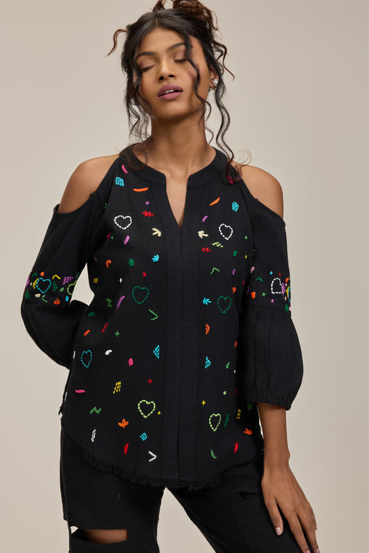 Black Doodle off Shoulder Top
