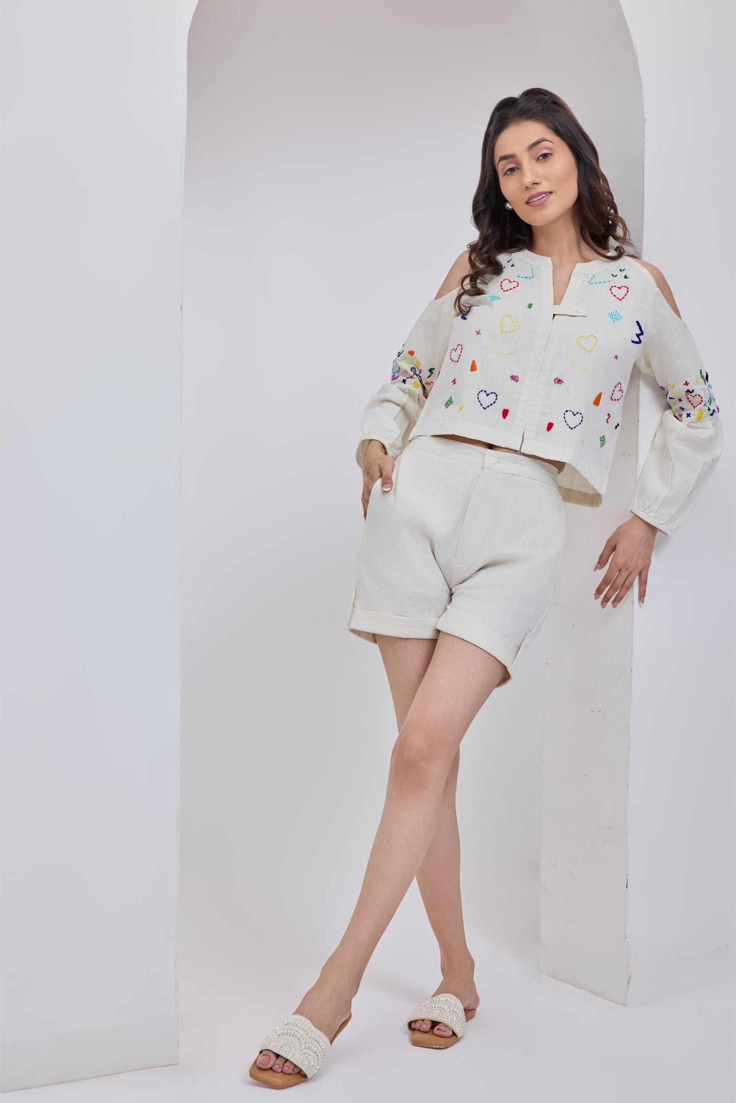 Ivory Doodle Cold Shoulder Top