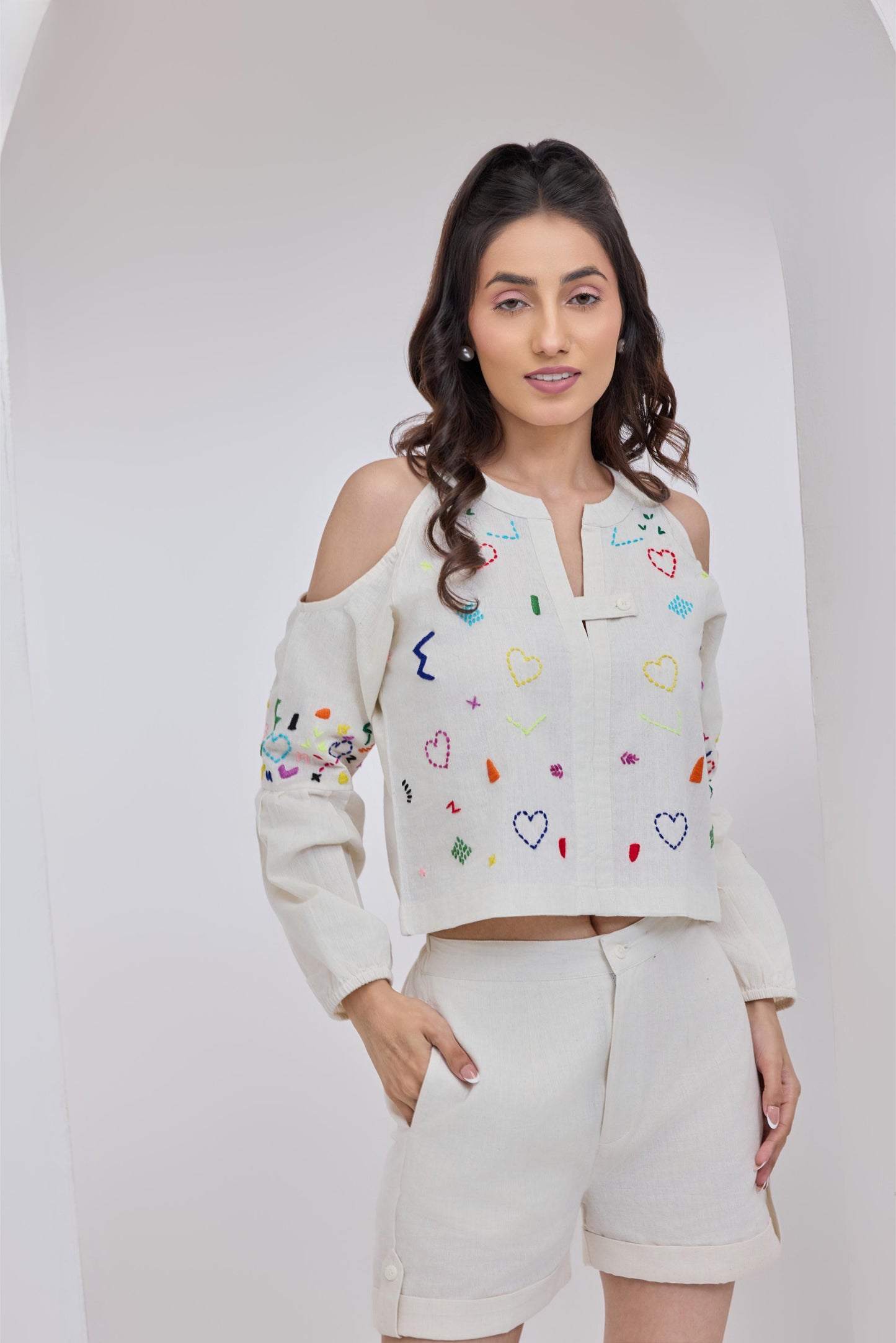 Ivory Doodle Cold Shoulder Top