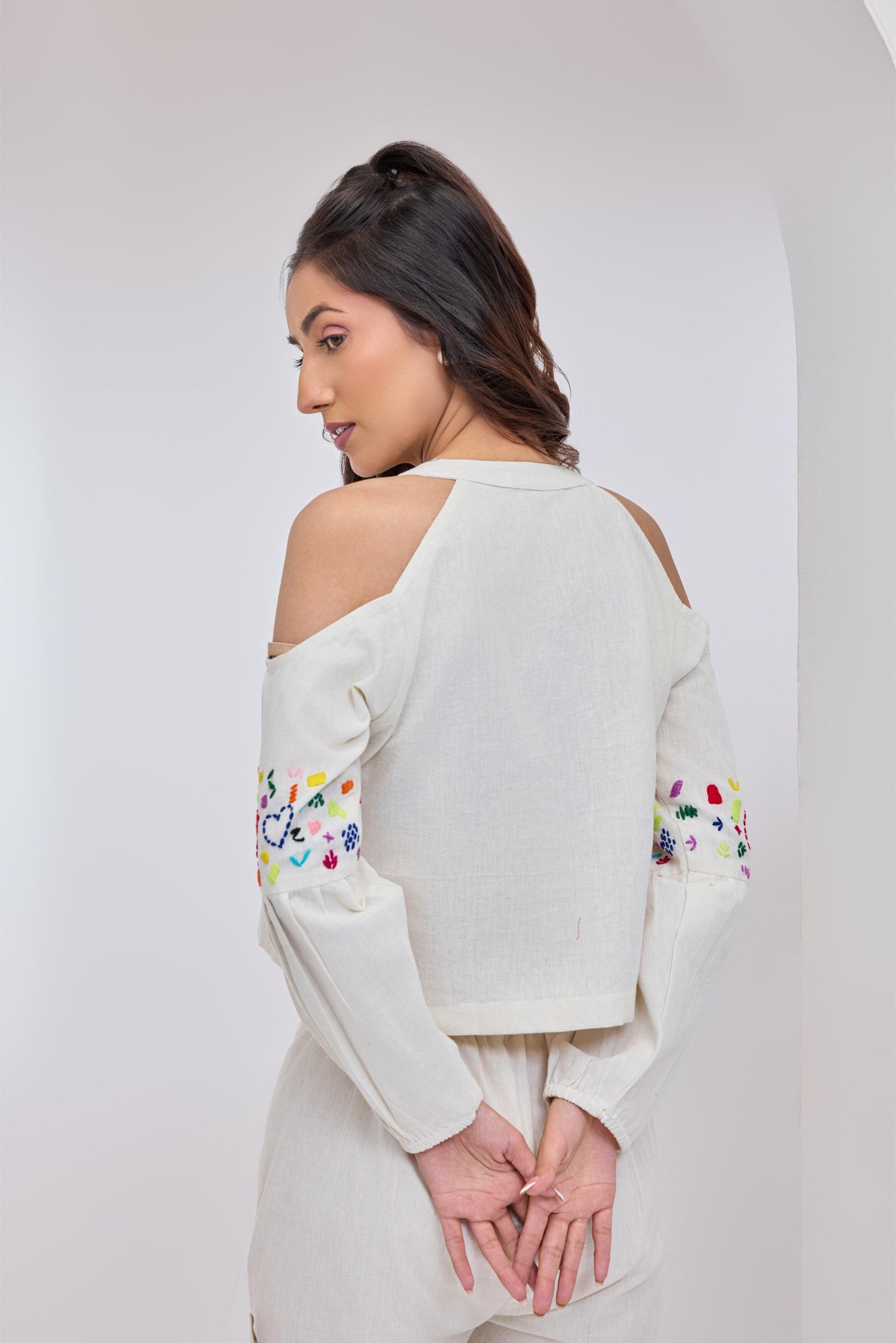 Ivory Doodle Cold Shoulder Top