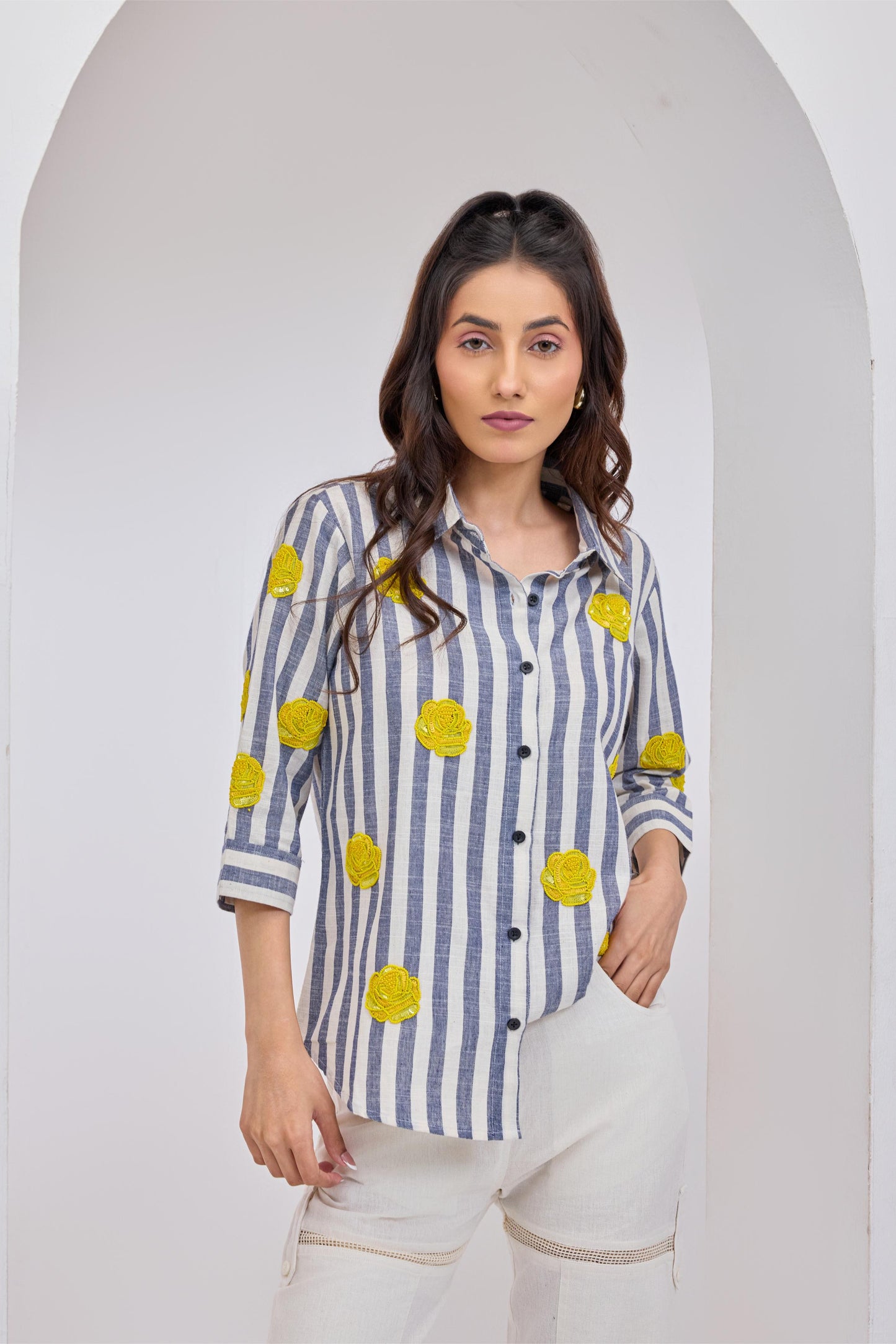 Stripes Yellow Roses Shirt
